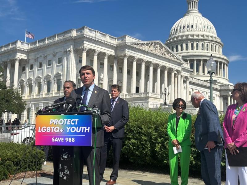 Congressman Pappas at a press conference on the 988 LGBTQ+ crisis support subline being shut down